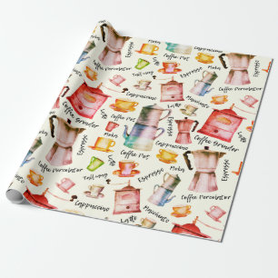 Papel De Presente Padrão de Copas de Potes de Café com Aquarela Retr