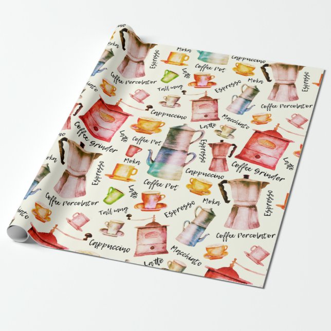 Papel De Presente Padrão de Copas de Potes de Café com Aquarela Retr (Desenrolado)