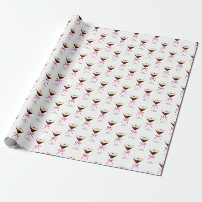 Papel De Presente Padrão de Coquetel Espresso Martini com Laço Rosa (Desenrolado)