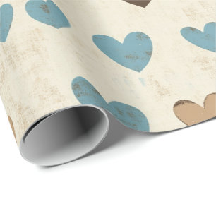 Papel De Presente Padrão de Coração Azul e Marrom Rústico para o Dia