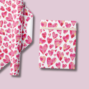 Papel De Presente Padrão de coração de amor em aquarela rosa