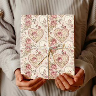 Papel De Presente Padrão de Coração de Mandala Rosa Marfim Vintage