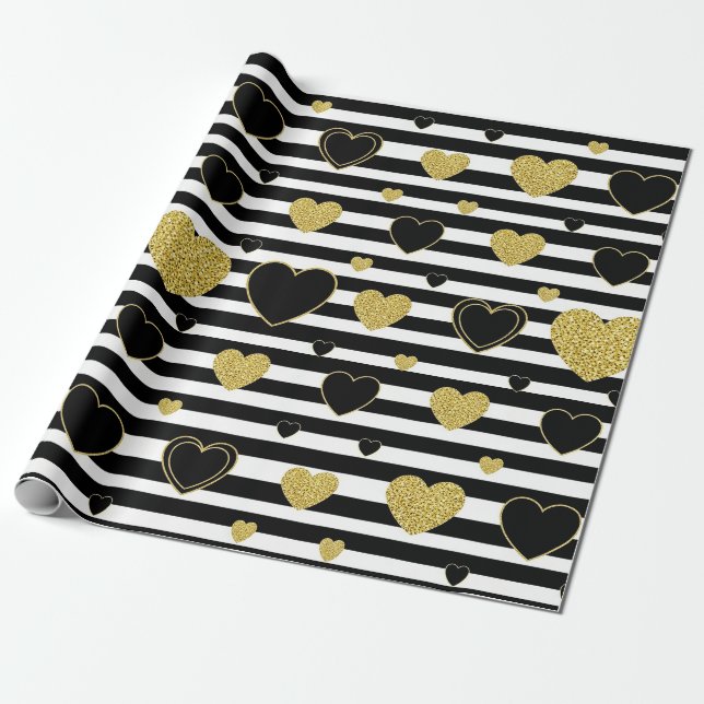 Papel De Presente Padrão de Coração Dourado com Faixa Preta Minimali (Desenrolado)