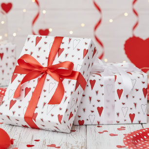 Papel De Presente Padrão de Coração Trendy Red e White Cute