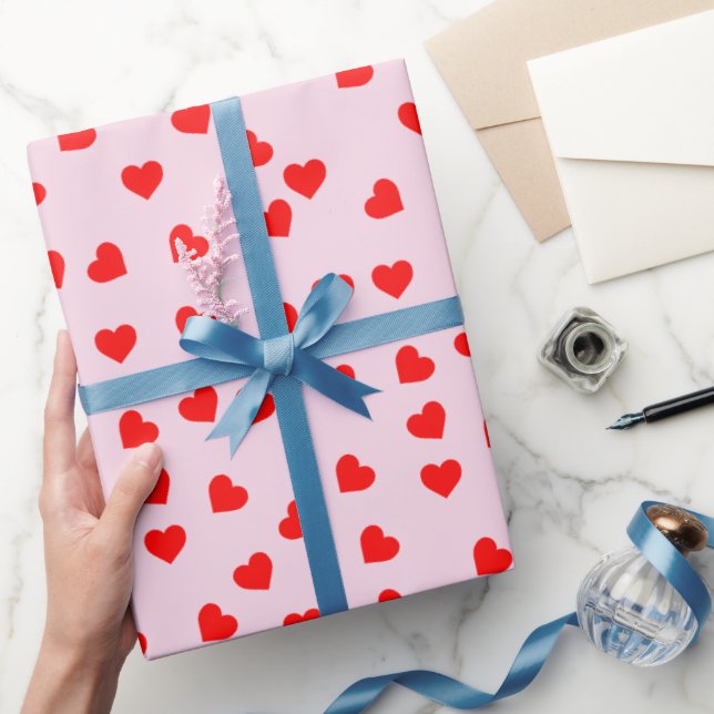 Papel De Presente Padrão de Coração Vermelho Romântico e Divertido e (Presentear)