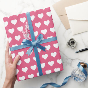 Papel De Presente Padrão de Corações Brancos Bonitos Rosa Quente