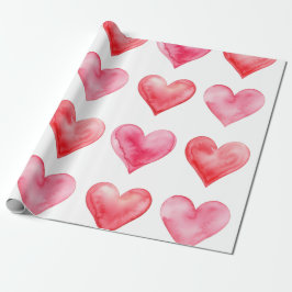 Papel De Presente Padrão de corações em aquarela rosa e vermelho