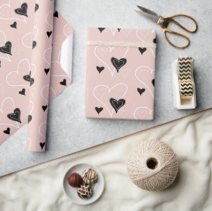 Papel De Presente Padrão de Corações Lindos Preto e Branco