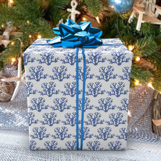 Papel De Presente Padrão de Coral Branco Azul do Marinho de Praia de
