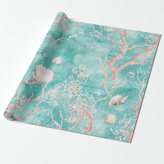 Papel De Presente Padrão de Coral Costeiro de Luxo (Desenrolado)