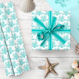 Papel De Presente Padrão de Coral de Praia Branca Azul Natal Aqua
