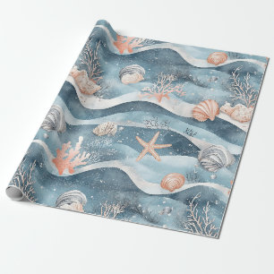 Papel De Presente Padrão de Coral Estrela-do-Mar Aqua Marina
