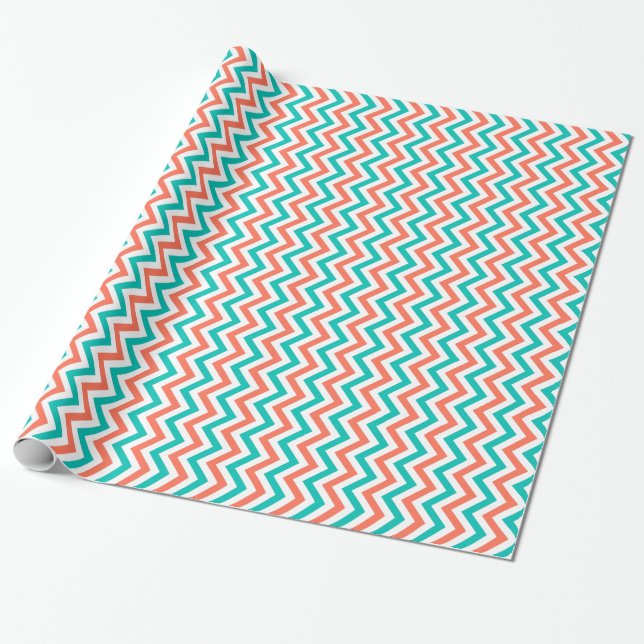 Papel De Presente Padrão de Coral, Teal, Grande Chevron Branco ZigZa (Desenrolado)