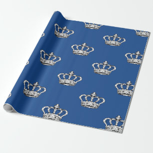 Papel De Presente Padrão de Coroa Azul Real em Fundo Azul