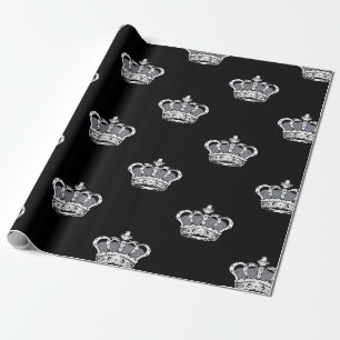 Papel De Presente Padrão de Coroa Cinza Real em Fundo Preto Ousado