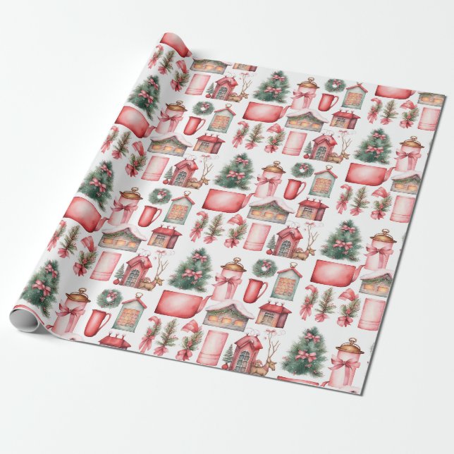Papel De Presente Padrão de Coroa de Natal de Árvore de Natal Vermel (Desenrolado)
