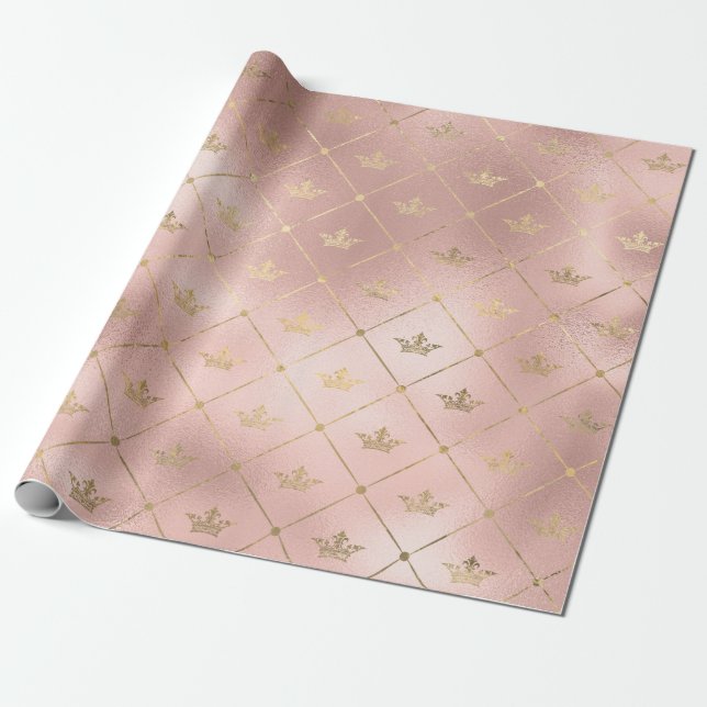Papel De Presente Padrão de coroa em rosa dourado e rosa bege (Desenrolado)