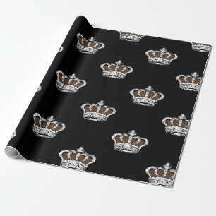 Papel De Presente Padrão de Coroa Marrom Real em Fundo Preto Ousado