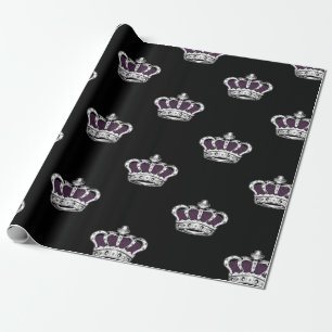 Papel De Presente Padrão de Coroa Roxa Real em Fundo Preto Ousado