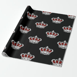 Papel De Presente Padrão de Coroa Vermelha Real em Fundo Preto Elega