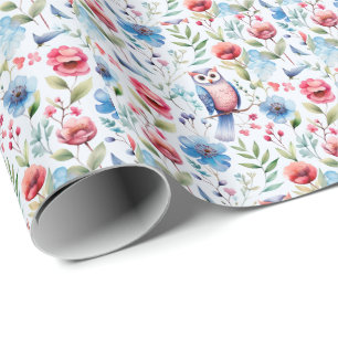 Papel De Presente Padrão de Coruja Floral sem Costura
