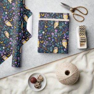 Papel De Presente Padrão de Coruja Noturna Whimsical - Floresta Enca