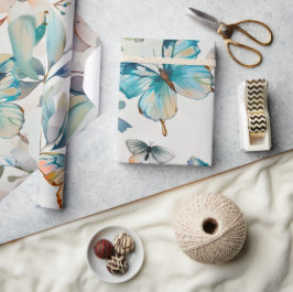 Papel De Presente Padrão de Cottagecore da Borboleta Azul