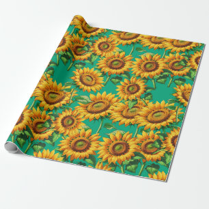 Papel De Presente Padrão de Cottagecore Floral de Girassol Verde