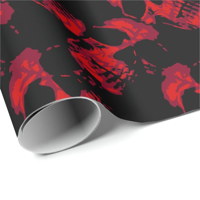 Papel De Presente Padrão de crânios preto e vermelho gótico (Ponta do rolo)