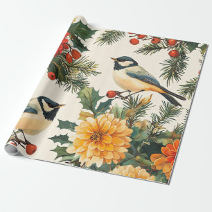 Papel De Presente Padrão de Creme de Natal de Chapim Dália Carmesim
