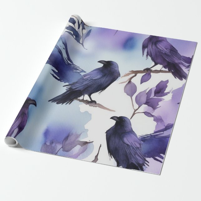 Papel De Presente Padrão de Crow de Aquarela Majestosa (Desenrolado)
