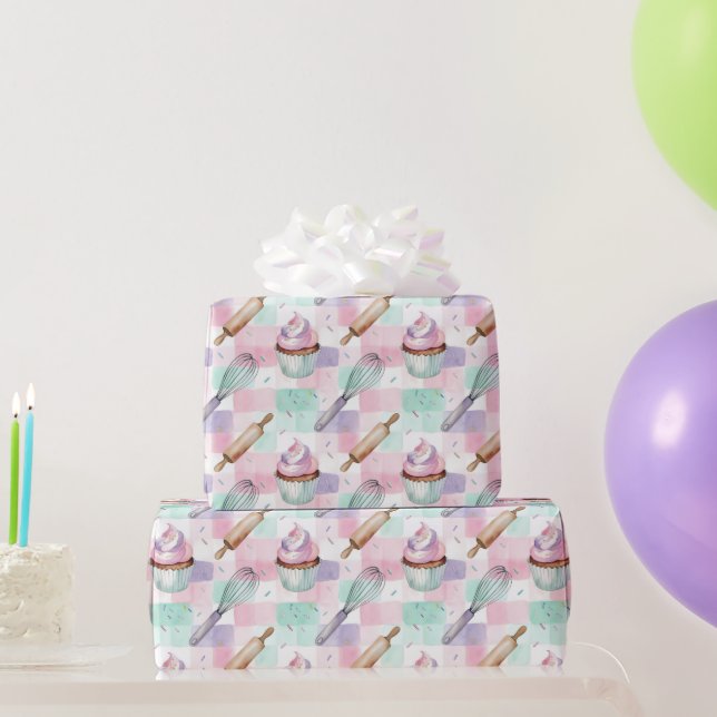 Papel De Presente Padrão de Cupcake em Aquarela Rosa Pastel  (Presentes para festas)