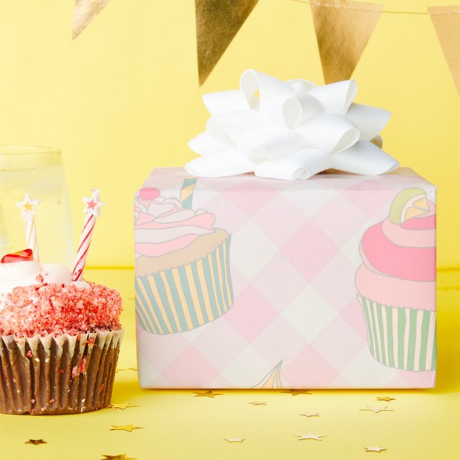 Papel De Presente Padrão de Cupcakes Fofos em Xadrez Rosa Pastel (Criador carregado)