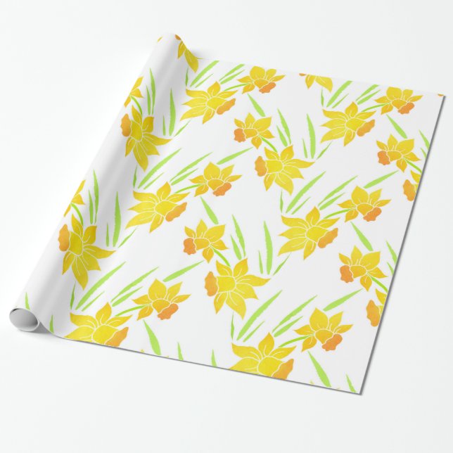 Papel De Presente Padrão de Daffodils de Aquarela (Desenrolado)
