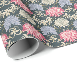 Papel De Presente Padrão de Damasco de Crisântemo Vintage