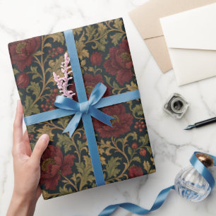 Papel De Presente Padrão de Damasco Escuro Floral Vitoriano