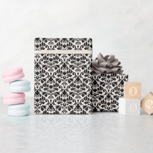 Papel De Presente Padrão de Damasco Florescer Preto no Creme