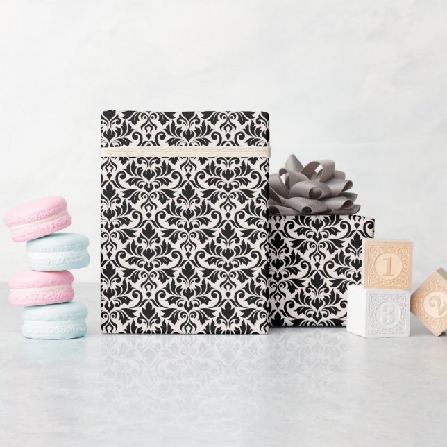 Papel De Presente Padrão de Damasco Florescer Preto no Creme (Chá de bebê)
