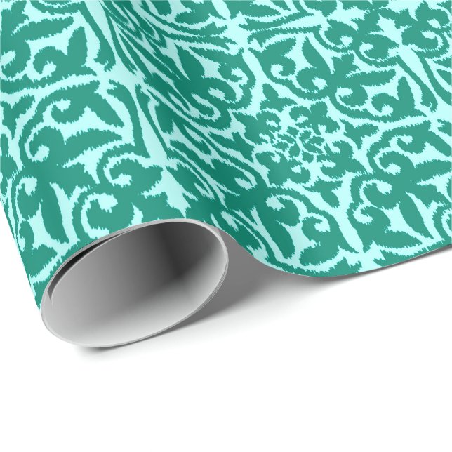 Papel De Presente Padrão de damasco Ikat - Turquesa e Água (Ponta do rolo)