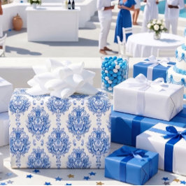 Papel De Presente Padrão de Damasco Mediterrâneo Azul Branco Elegant