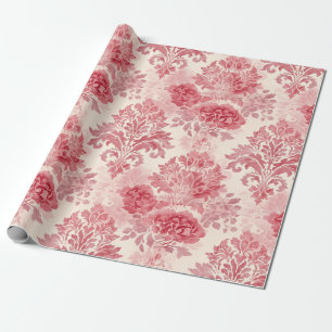 Papel De Presente Padrão de Damasco Rosa Vintage Elegante