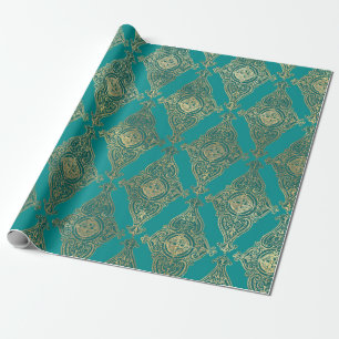 Papel De Presente Padrão de Damasco Turquesa e Dourado