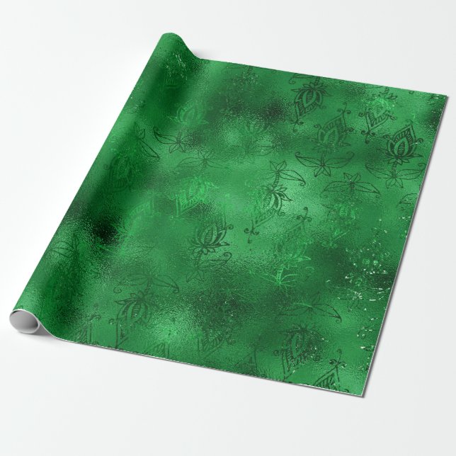 Papel De Presente Padrão de Damasco Verde Esmeralda Glam (Desenrolado)