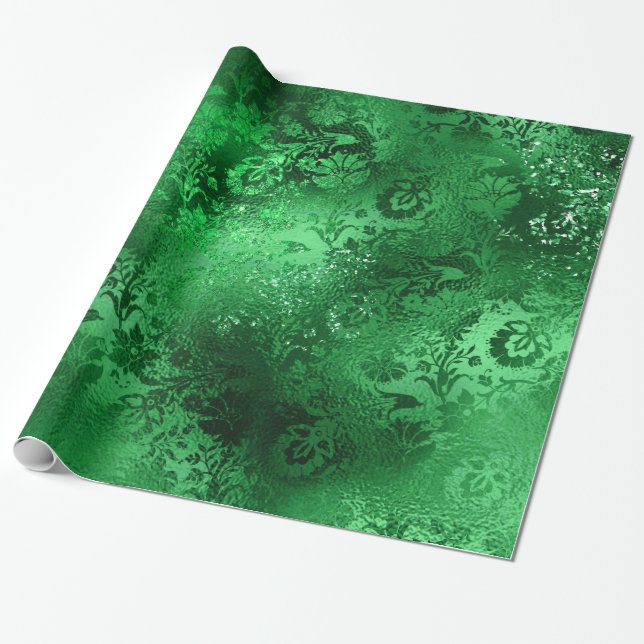 Papel De Presente Padrão de Damasco Verde Esmeralda Glam (Desenrolado)