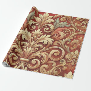 Papel De Presente Padrão de Damasco Vermelho e Dourado Vintage