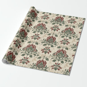 Papel De Presente Padrão de Damasco Vermelho Verde Vintage (4)
