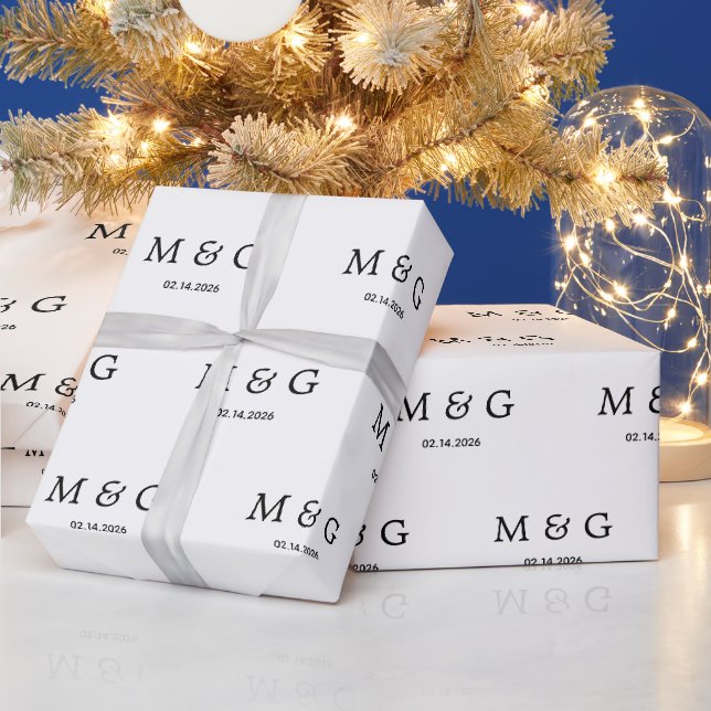 Papel De Presente Padrão de Data de Monograma Personalizado Branco (Feriados)