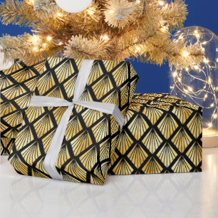 Papel De Presente Padrão de Deco de Arte em Diamante Dourado e Preto