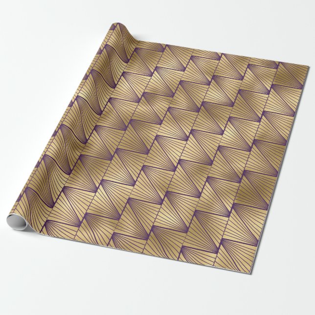 Papel De Presente Padrão de Deco de Arte Roxo e Dourada (Desenrolado)