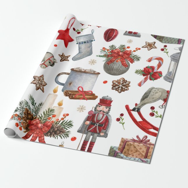 Papel De Presente Padrão de decoração de natal de aquarela (Desenrolado)